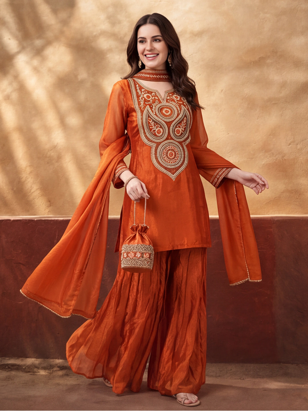 Women's Orange Embroidered Kurta Palazzo Set with Dupatta | Festive Ethnic Party Wear Suit