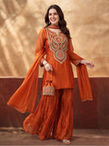 Women's Orange Embroidered Kurta Palazzo Set with Dupatta | Festive Ethnic Party Wear Suit