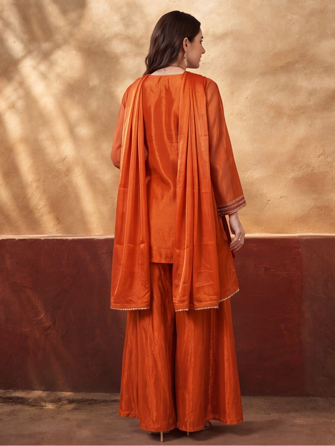 Women's Orange Embroidered Kurta Palazzo Set with Dupatta | Festive Ethnic Party Wear Suit
