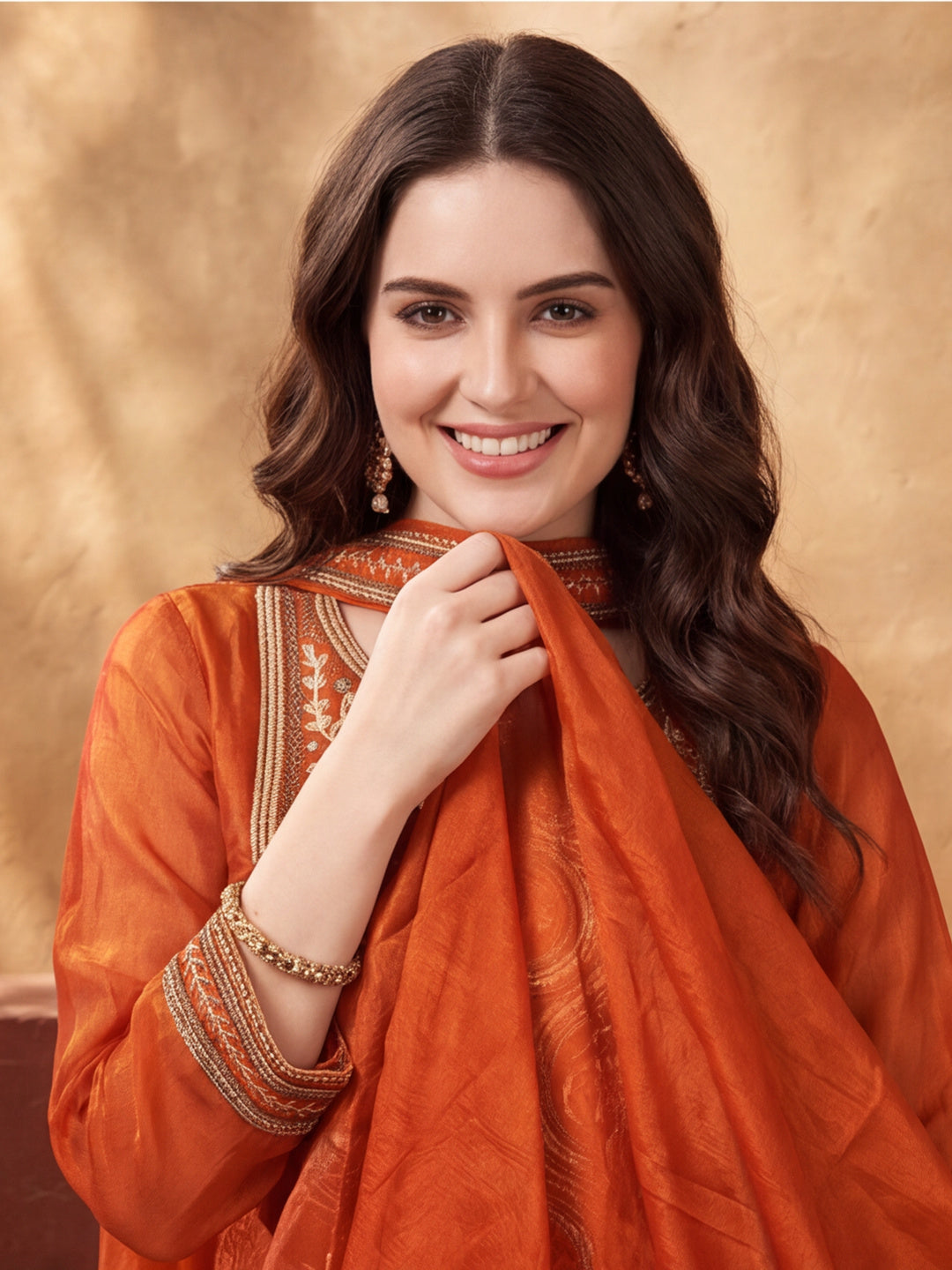 Women's Orange Embroidered Kurta Palazzo Set with Dupatta | Festive Ethnic Party Wear Suit