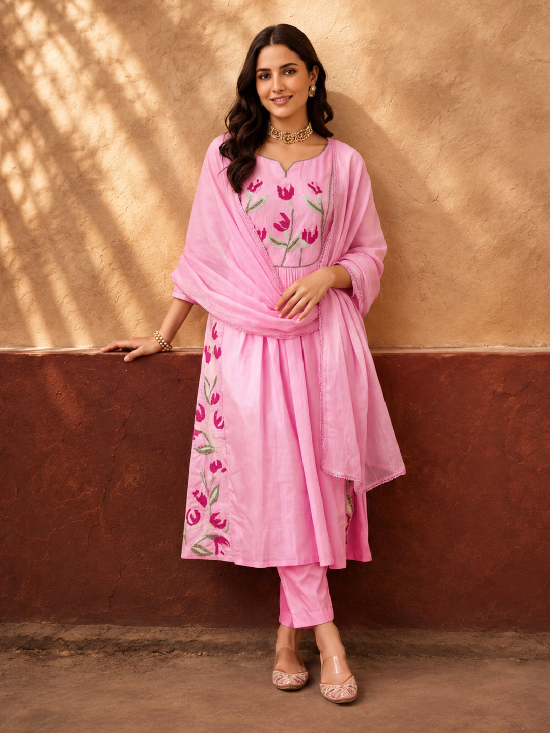Women's Pink Floral Embroidered Anarkali Kurta Set with Dupatta | Festive Ethnic Suit