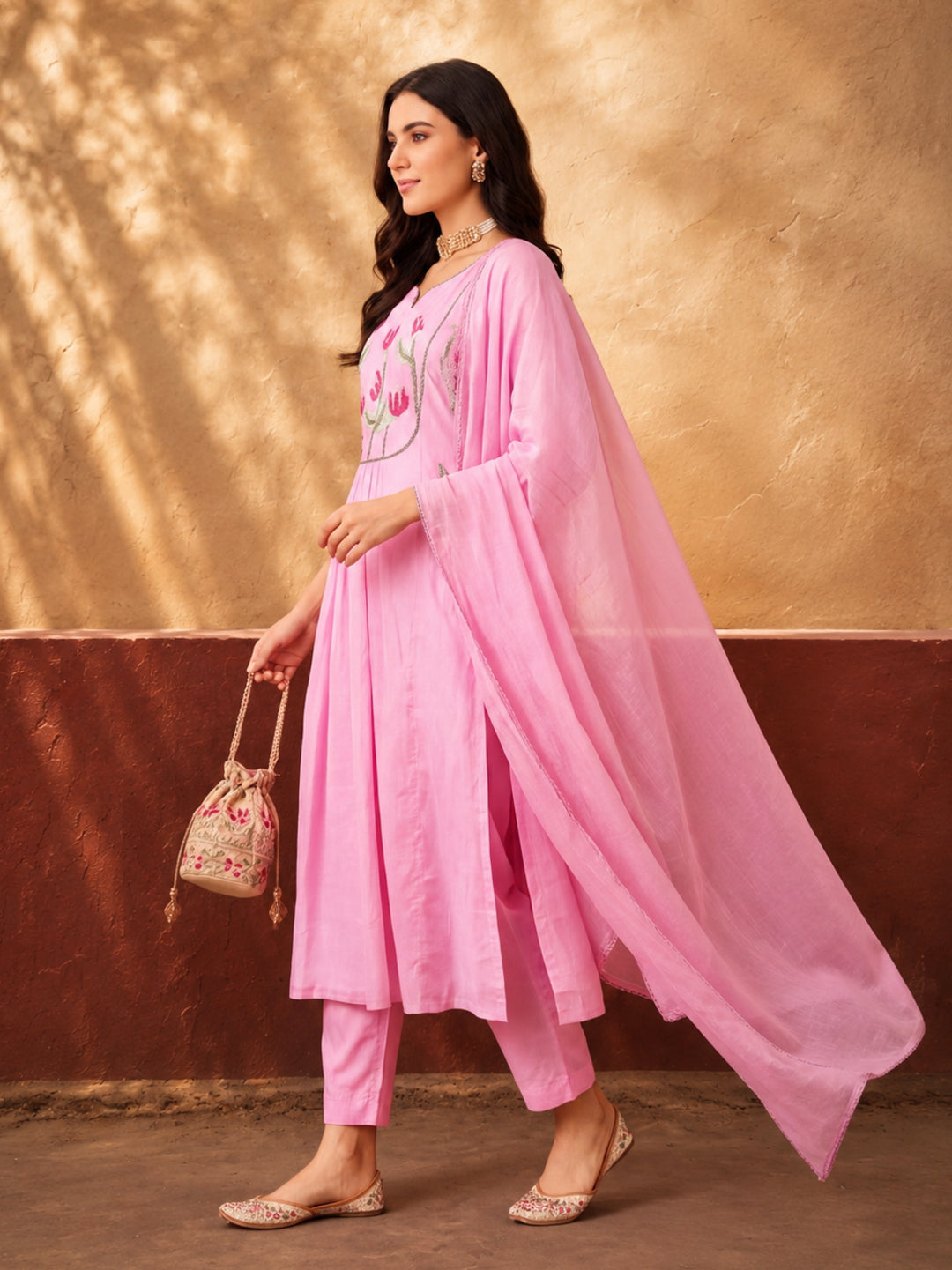 Women's Pink Floral Embroidered Anarkali Kurta Set with Dupatta | Festive Ethnic Suit