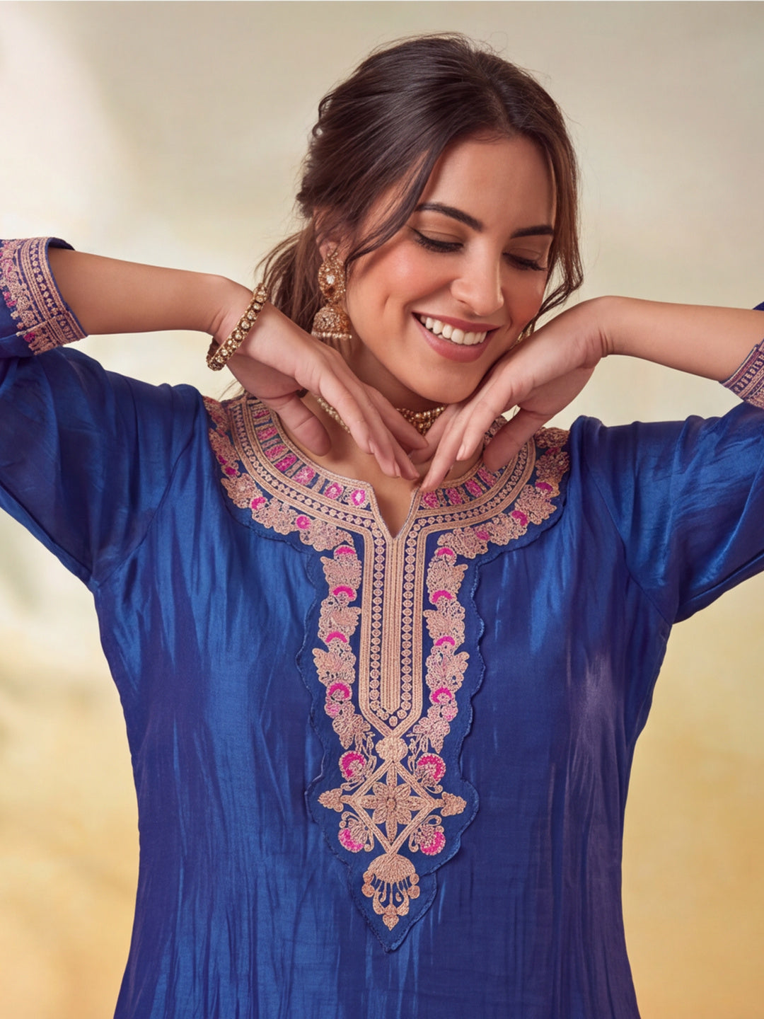 Women Embroidery Royal Blue Kurta Set with Dupatta