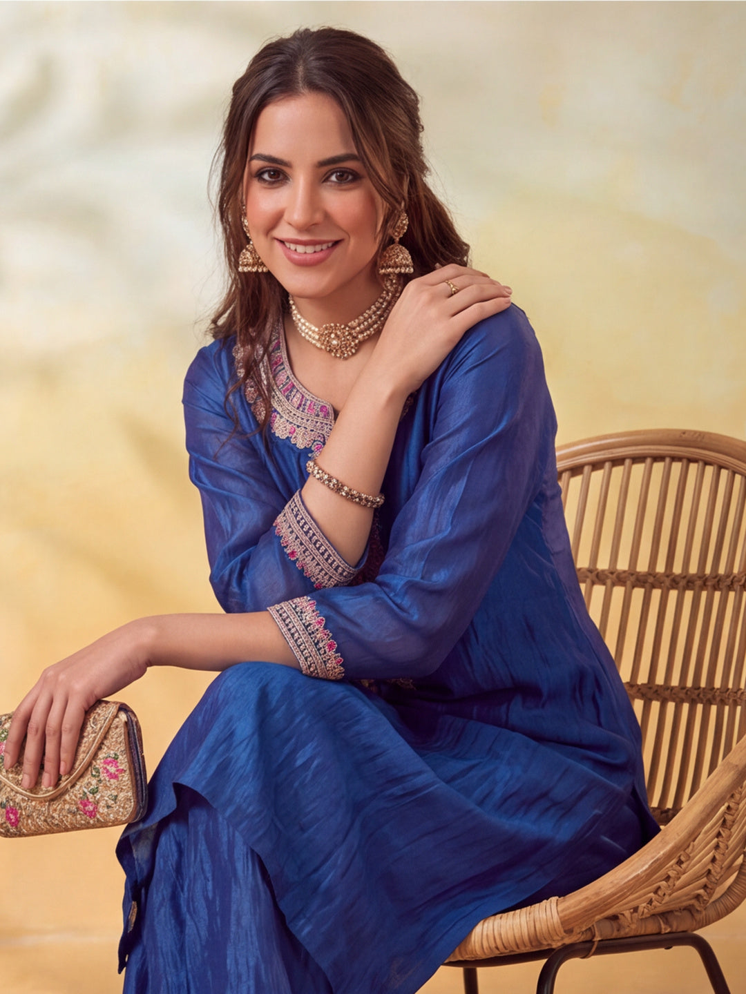 Women Embroidery Royal Blue Kurta Set with Dupatta