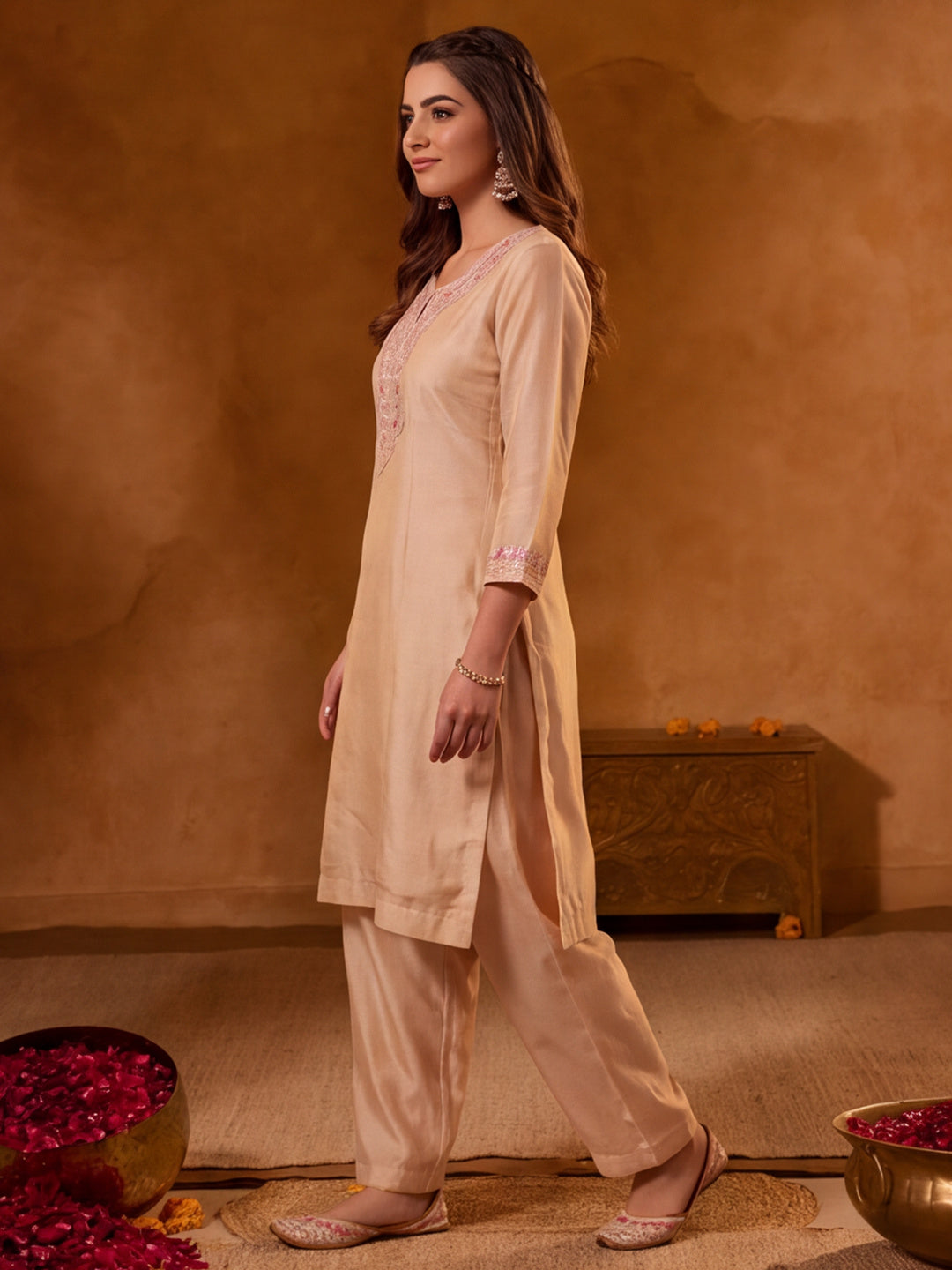 Women Embroidery Cream Kurta Set with Dupatta
