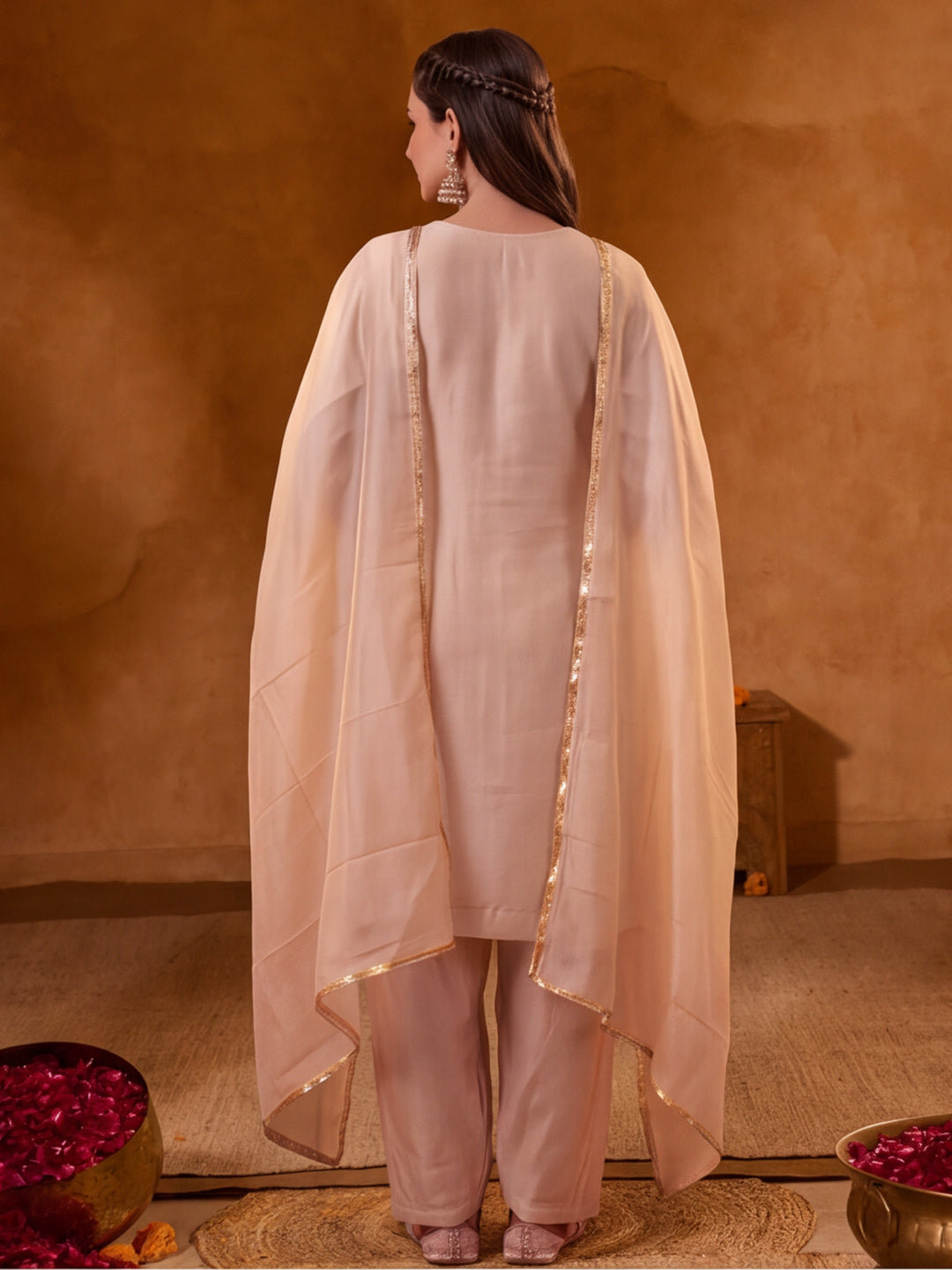 Women Embroidery Cream Kurta Set with Dupatta