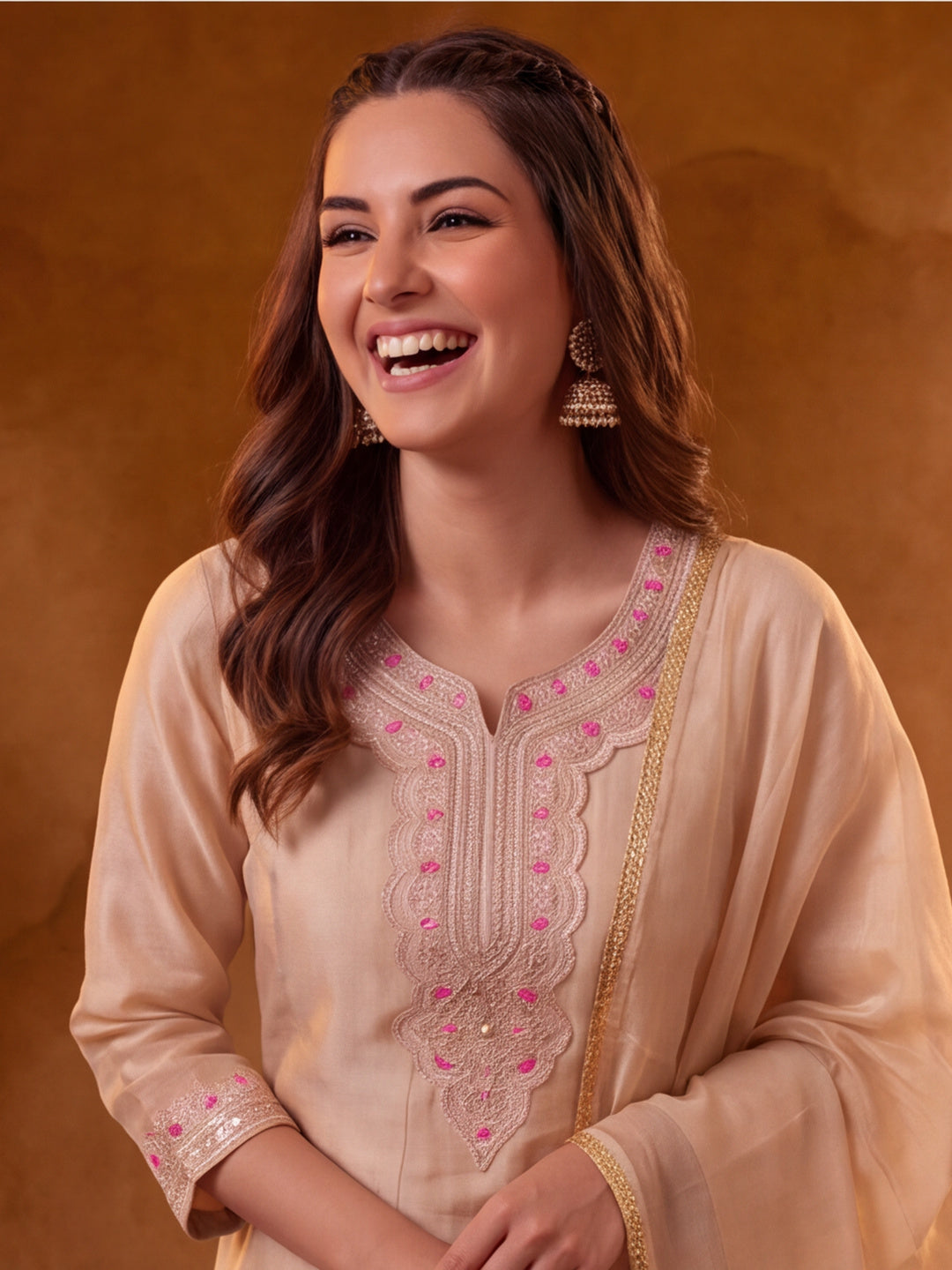 Women Embroidery Cream Kurta Set with Dupatta