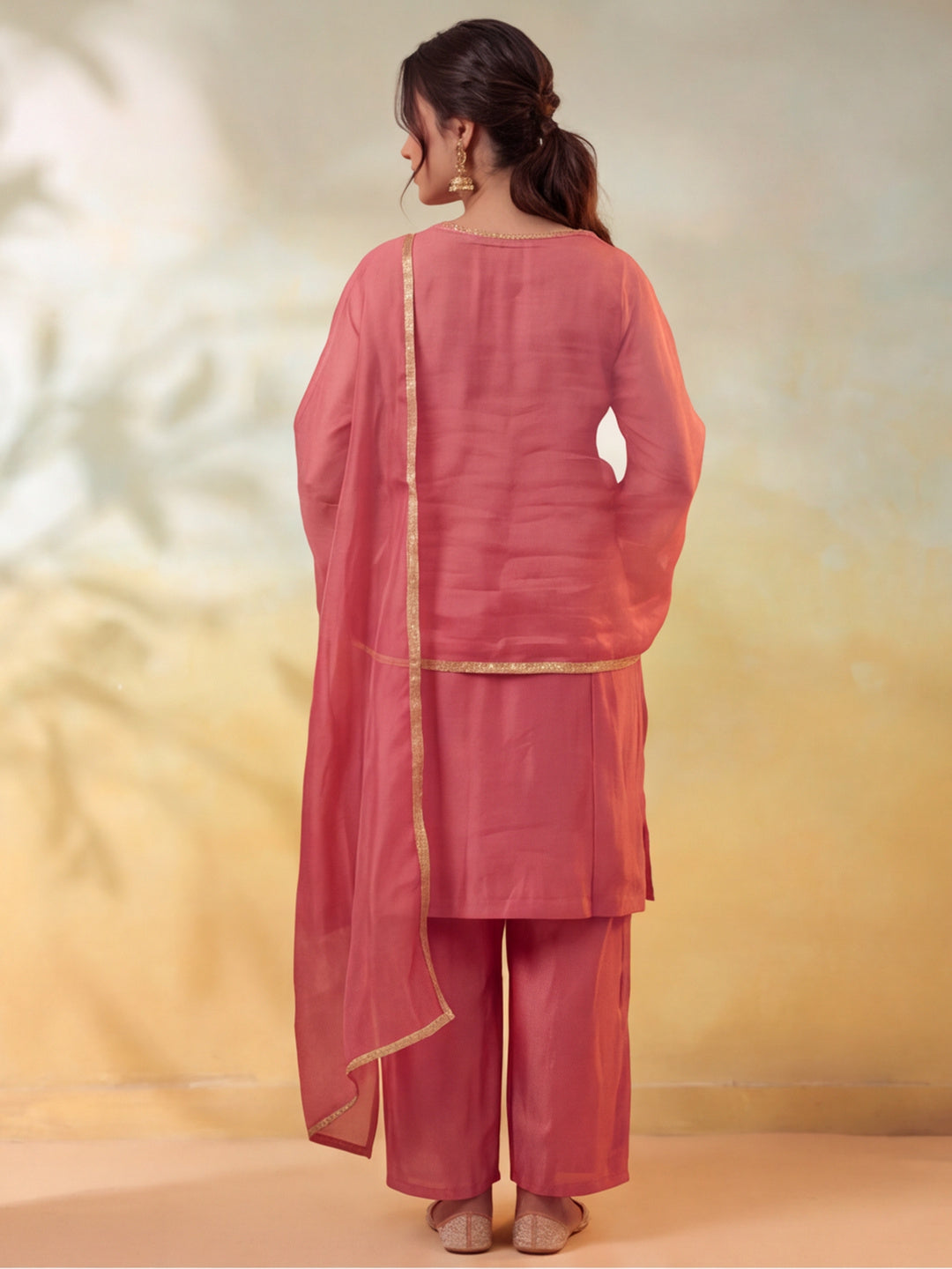 Women Embroidery Dusty Rose Kurta Set with Dupatta