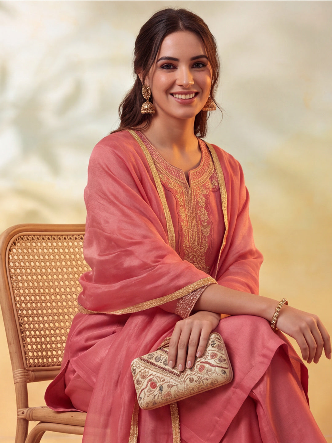 Women Embroidery Dusty Rose Kurta Set with Dupatta