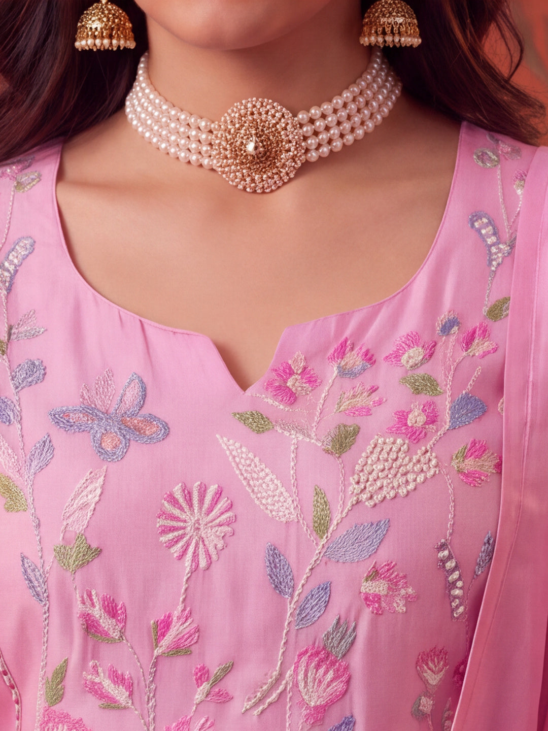 Women Floral Embroidery Pink Kurta Set with Dupatta