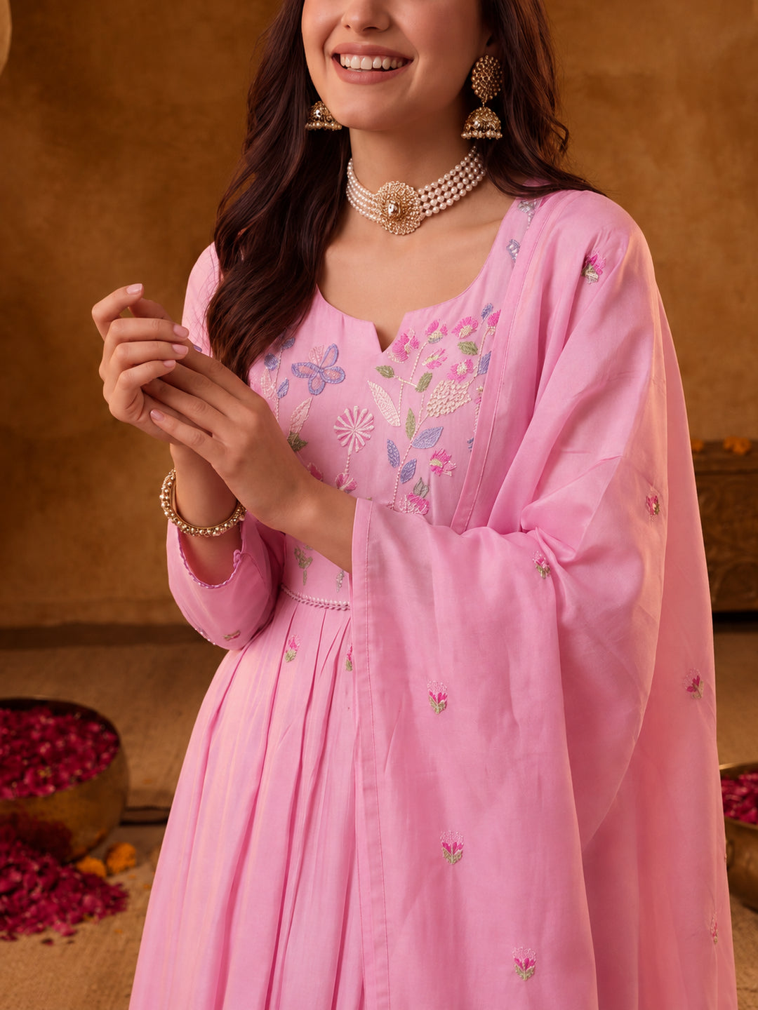 Women Floral Embroidery Pink Kurta Set with Dupatta