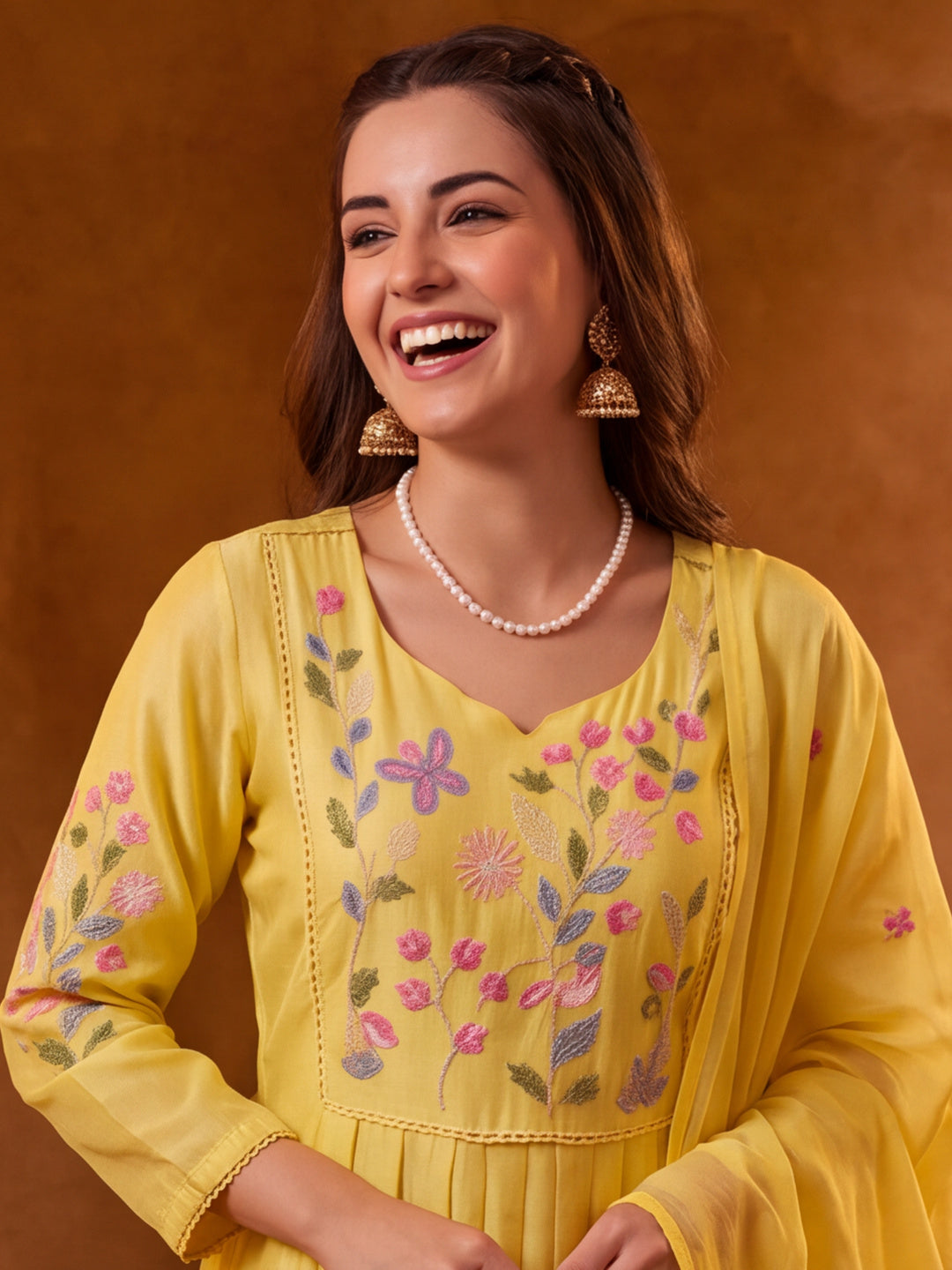 Women Floral Embroidery Yellow Kurta Set with Dupatta