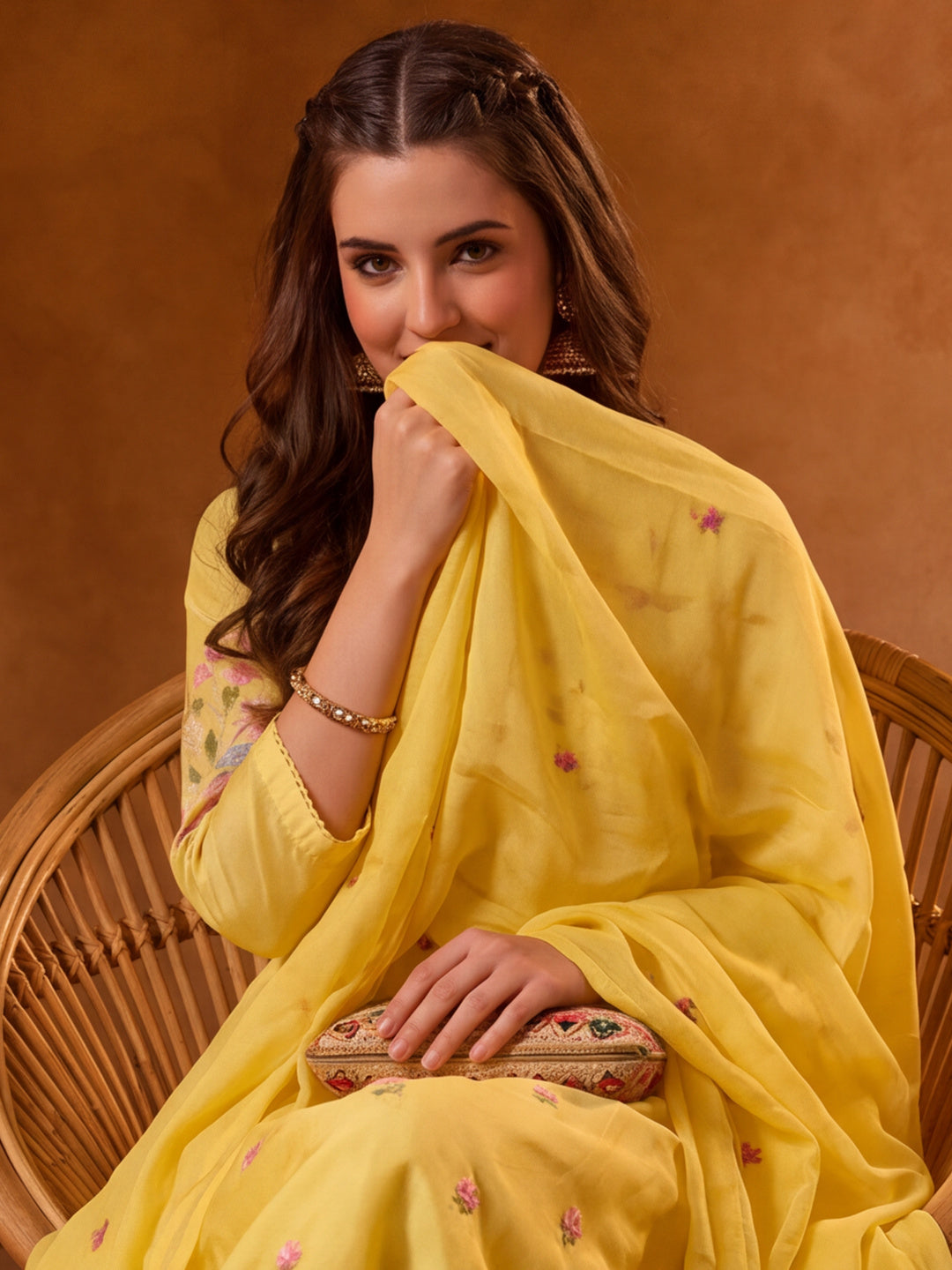 Women Floral Embroidery Yellow Kurta Set with Dupatta
