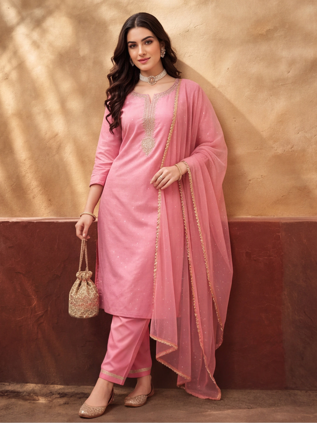 Women's Pink Weaving Kurta Set with Dupatta | Straight Festive Ethnic Party Wear Suit