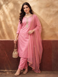 Women's Pink Weaving Kurta Set with Dupatta | Straight Festive Ethnic Party Wear Suit