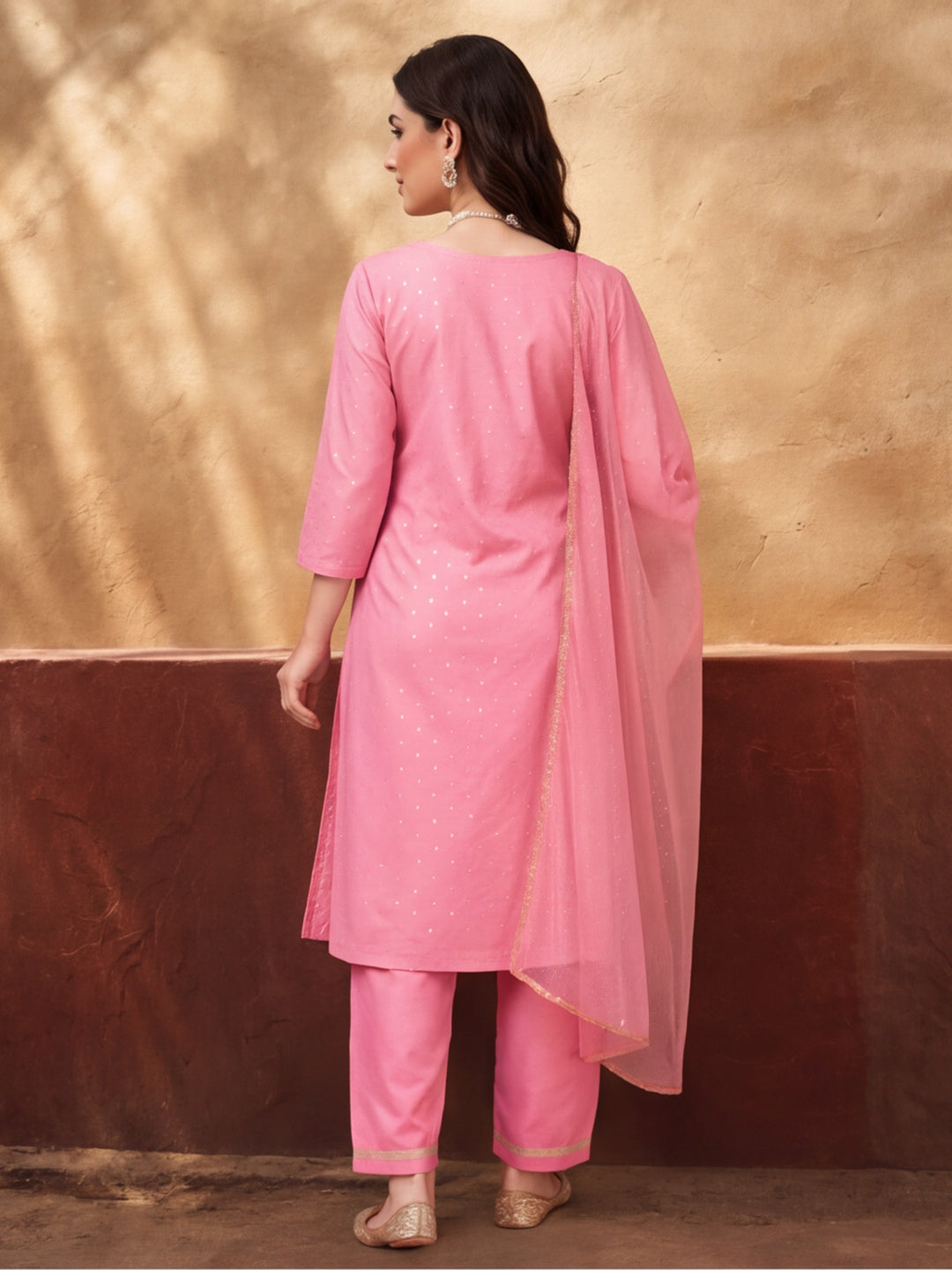 Women's Pink Weaving Kurta Set with Dupatta | Straight Festive Ethnic Party Wear Suit