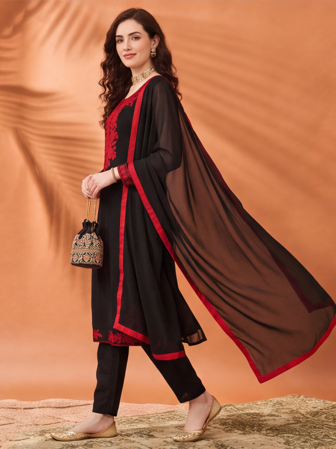 Women's Black Embroidered Kurta Set with Dupatta | Red Floral Straight Ethnic Party Wear Suit