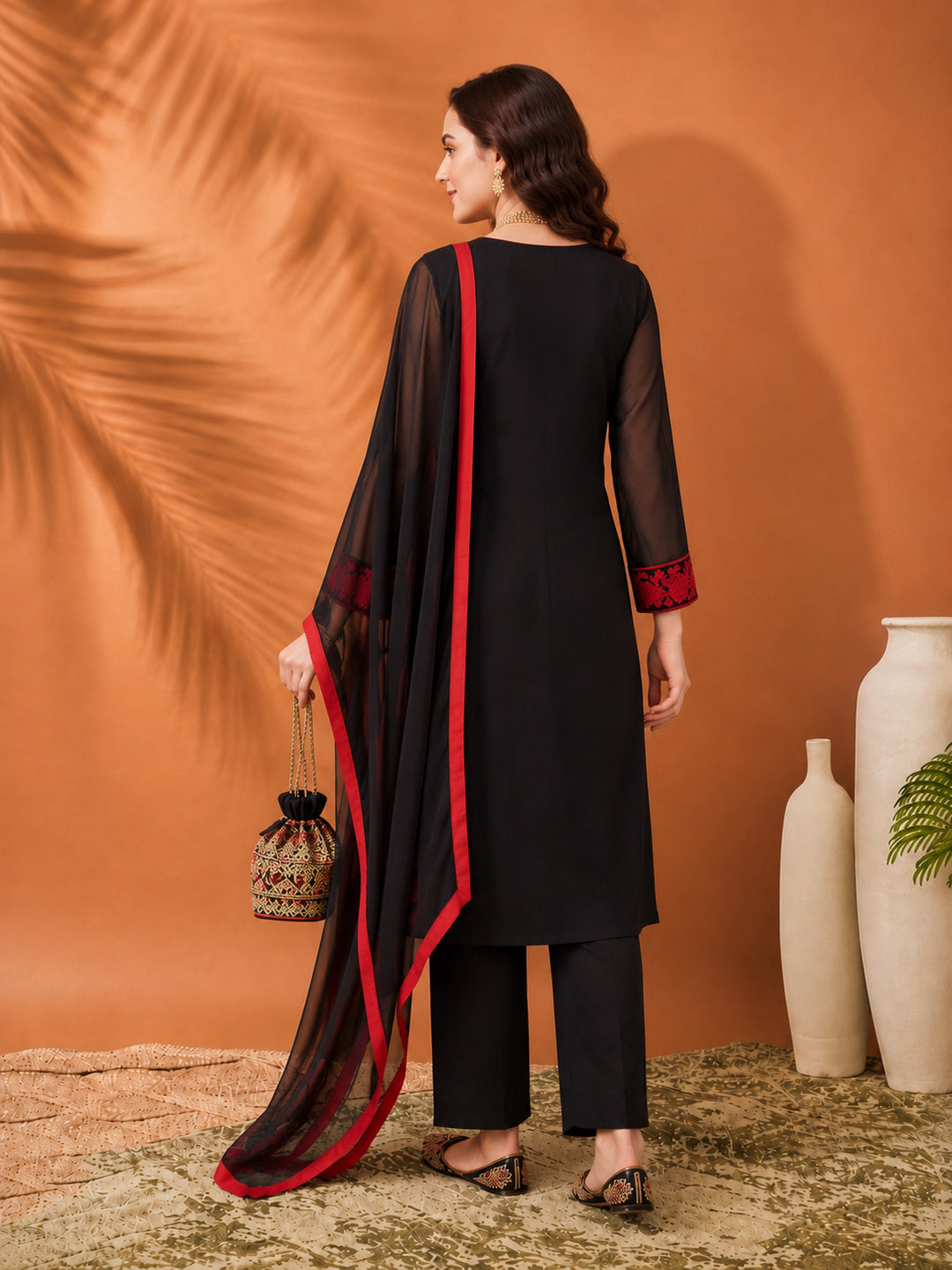 Women's Black Embroidered Kurta Set with Dupatta | Red Floral Straight Ethnic Party Wear Suit
