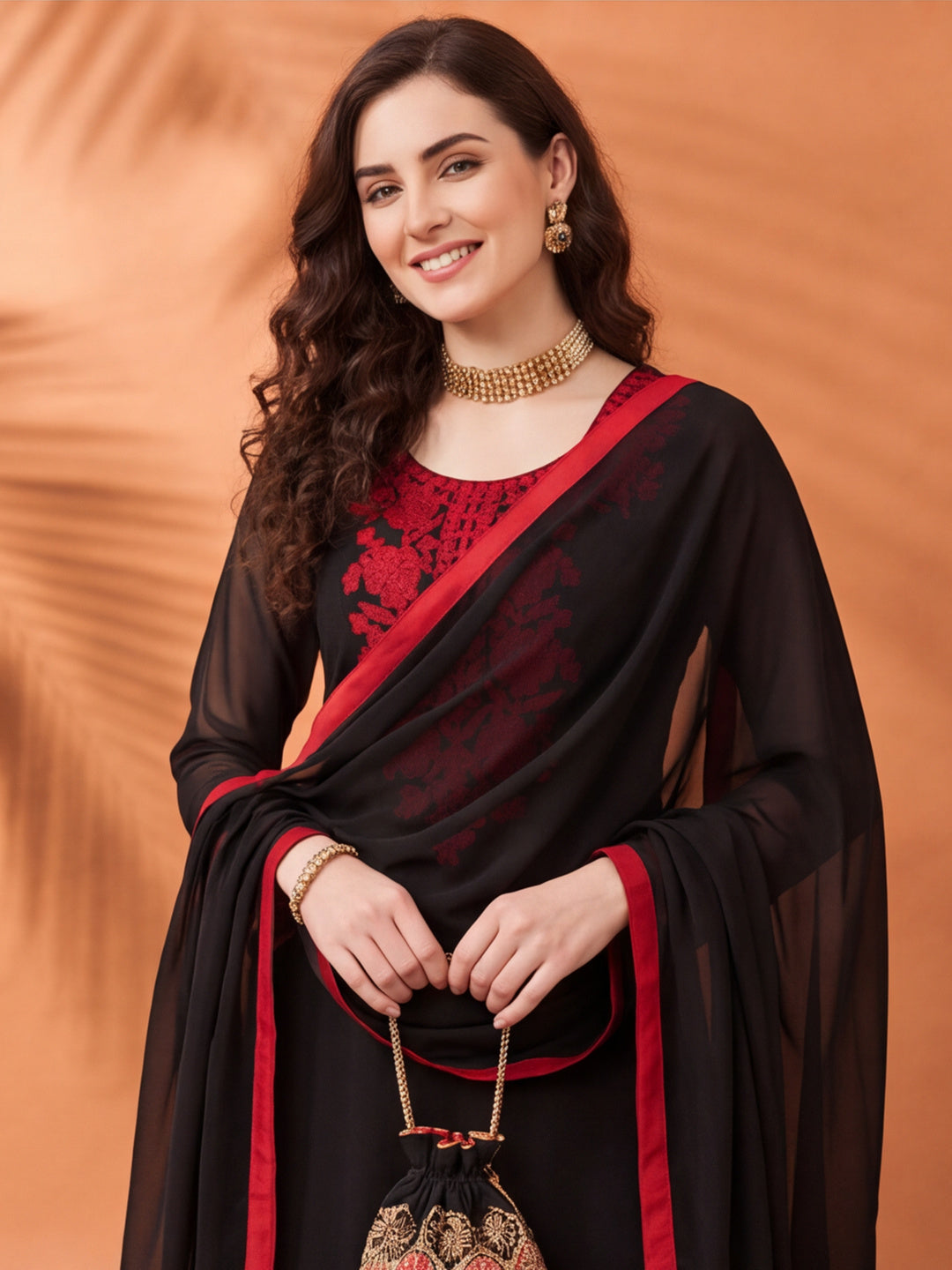 Women's Black Embroidered Kurta Set with Dupatta | Red Floral Straight Ethnic Party Wear Suit