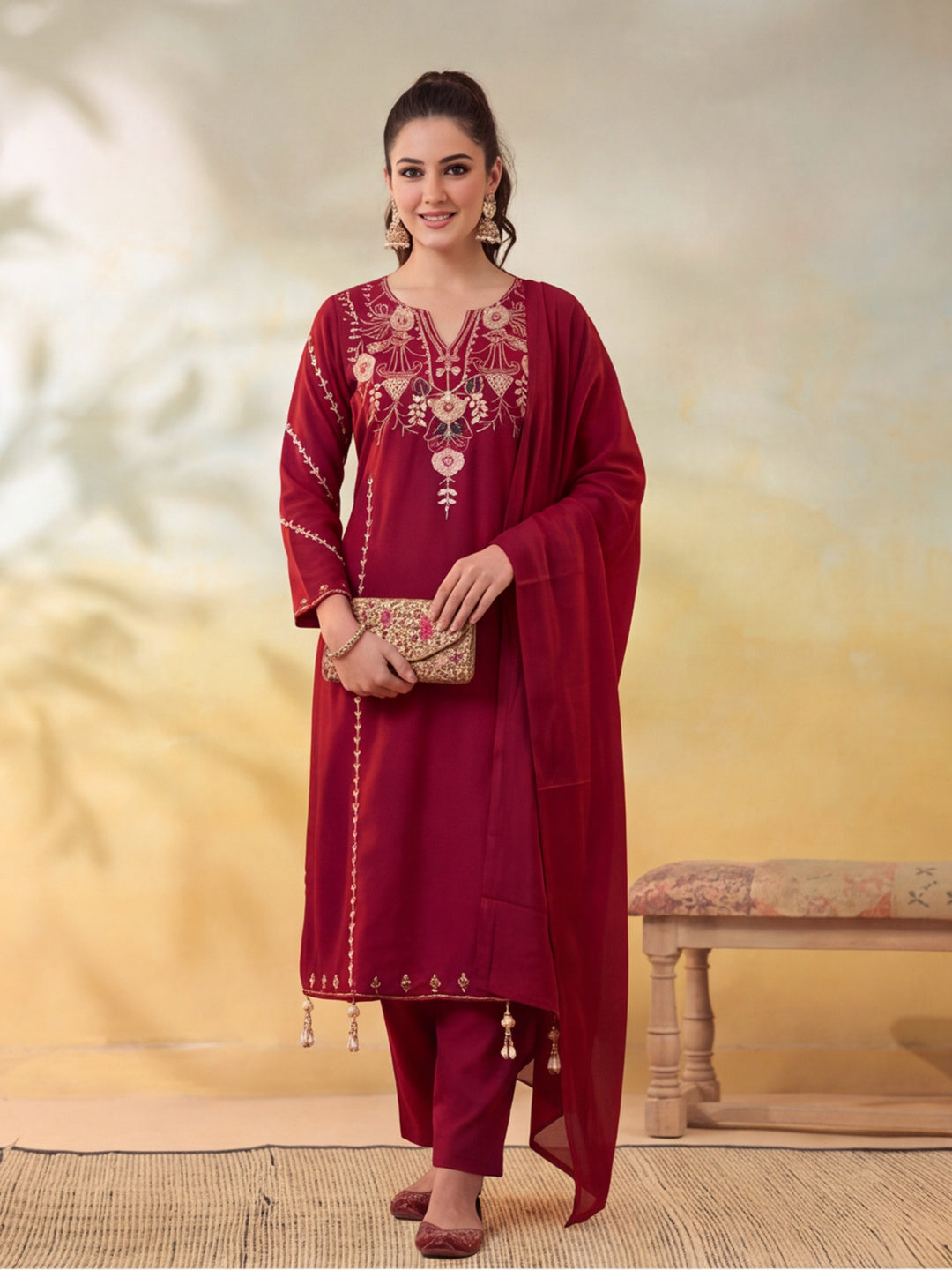Women Embroidery Maroon Kurta Set with Dupatta