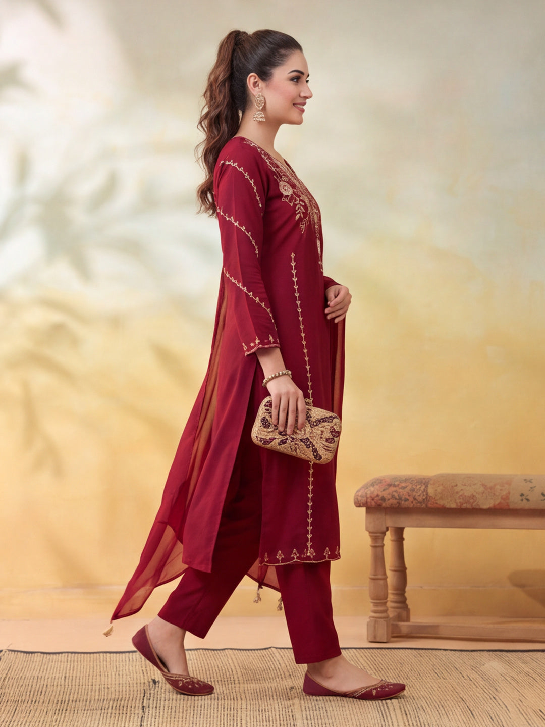 Women Embroidery Maroon Kurta Set with Dupatta