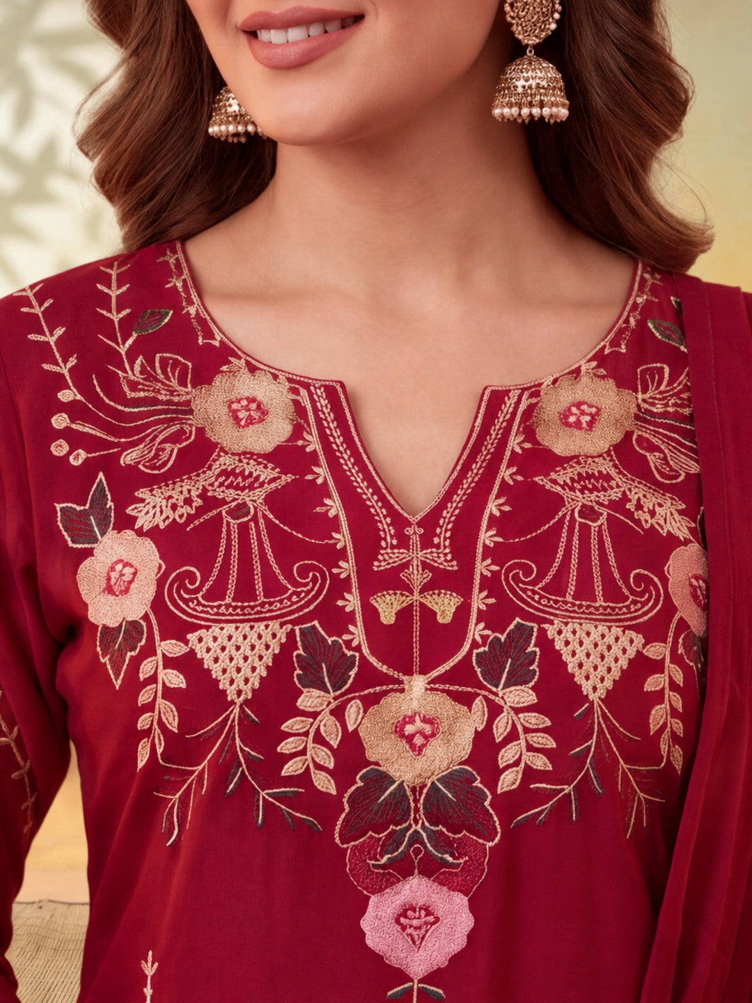 Women Embroidery Maroon Kurta Set with Dupatta