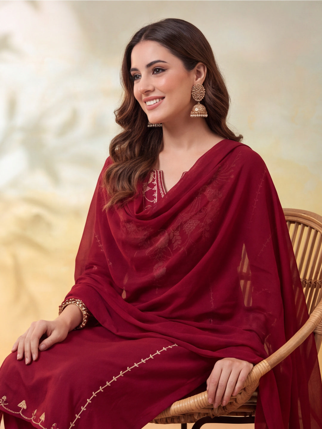 Women Embroidery Maroon Kurta Set with Dupatta