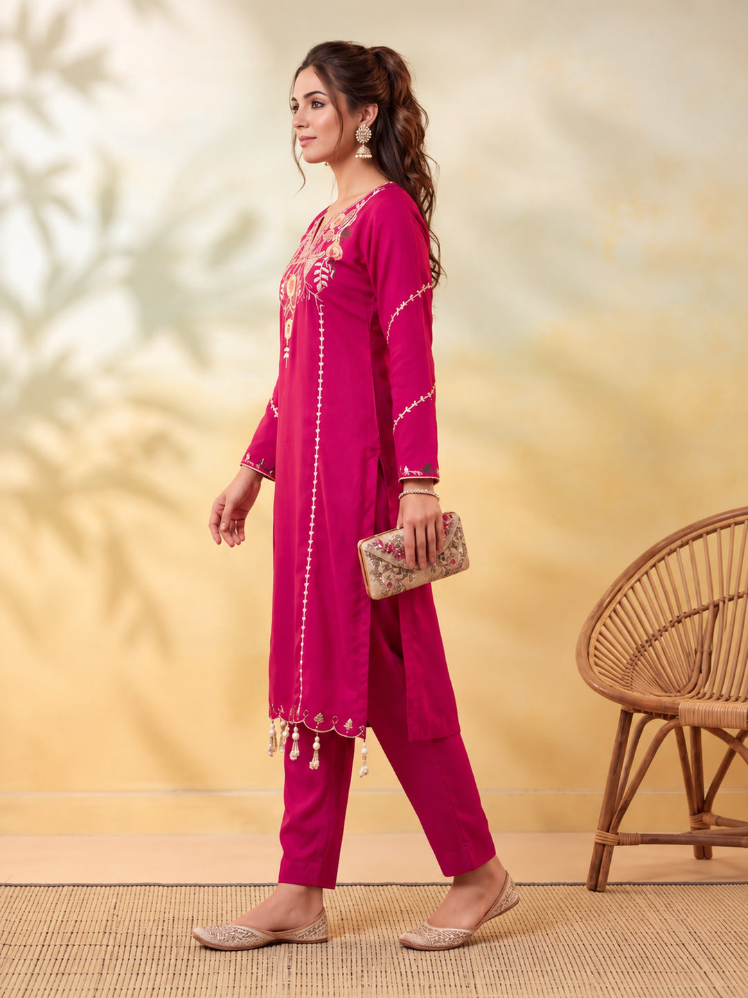 Women Embroidery Rani Pink Kurta Set with Dupatta