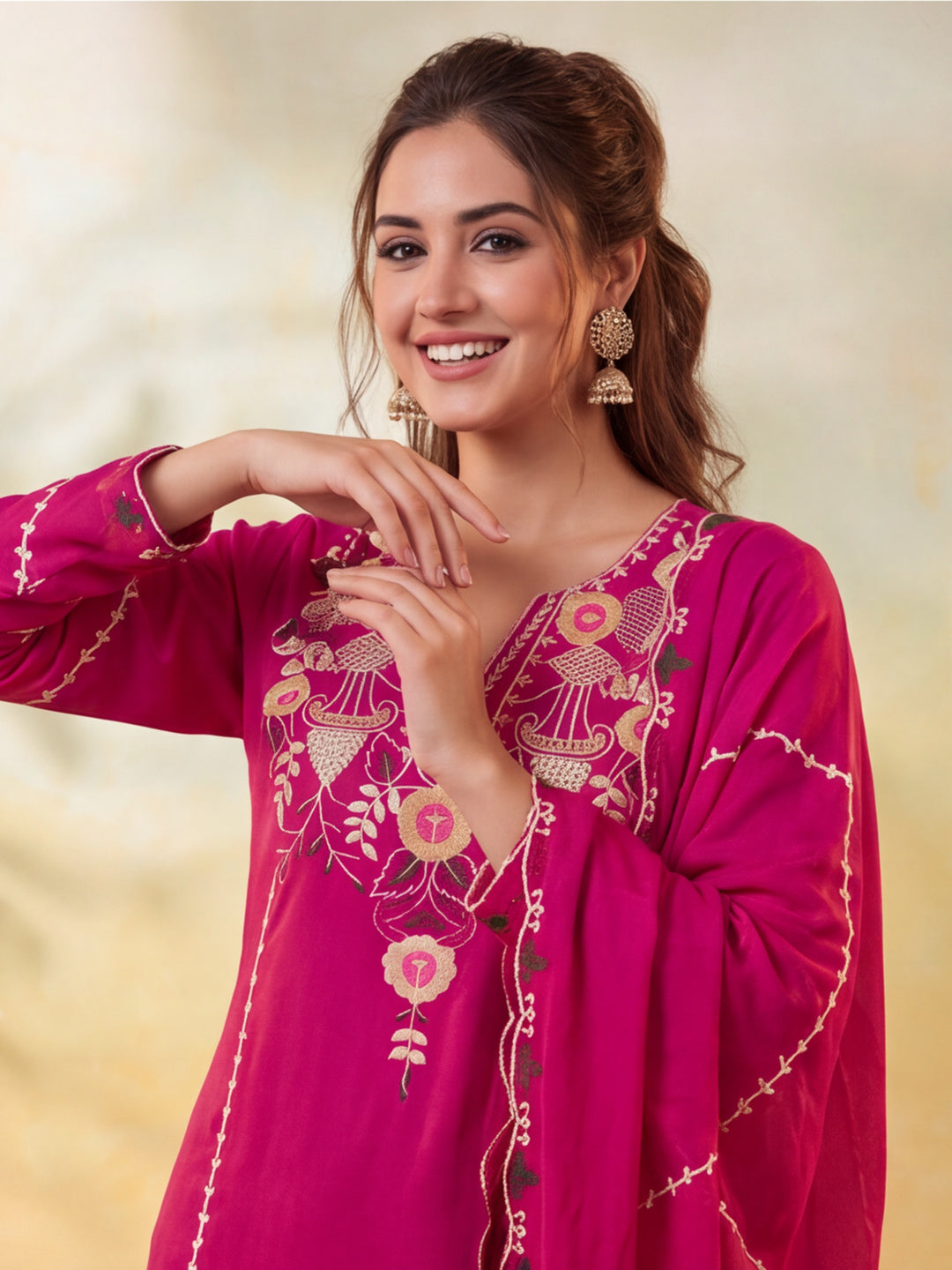 Women Embroidery Rani Pink Kurta Set with Dupatta