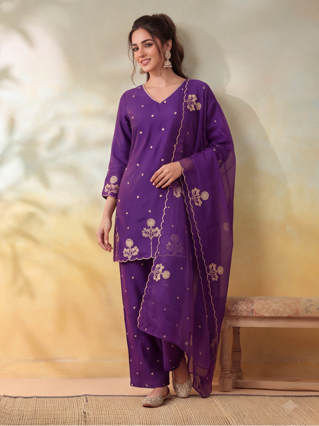 Women Embroidery Purple Kurta Set with Dupatta