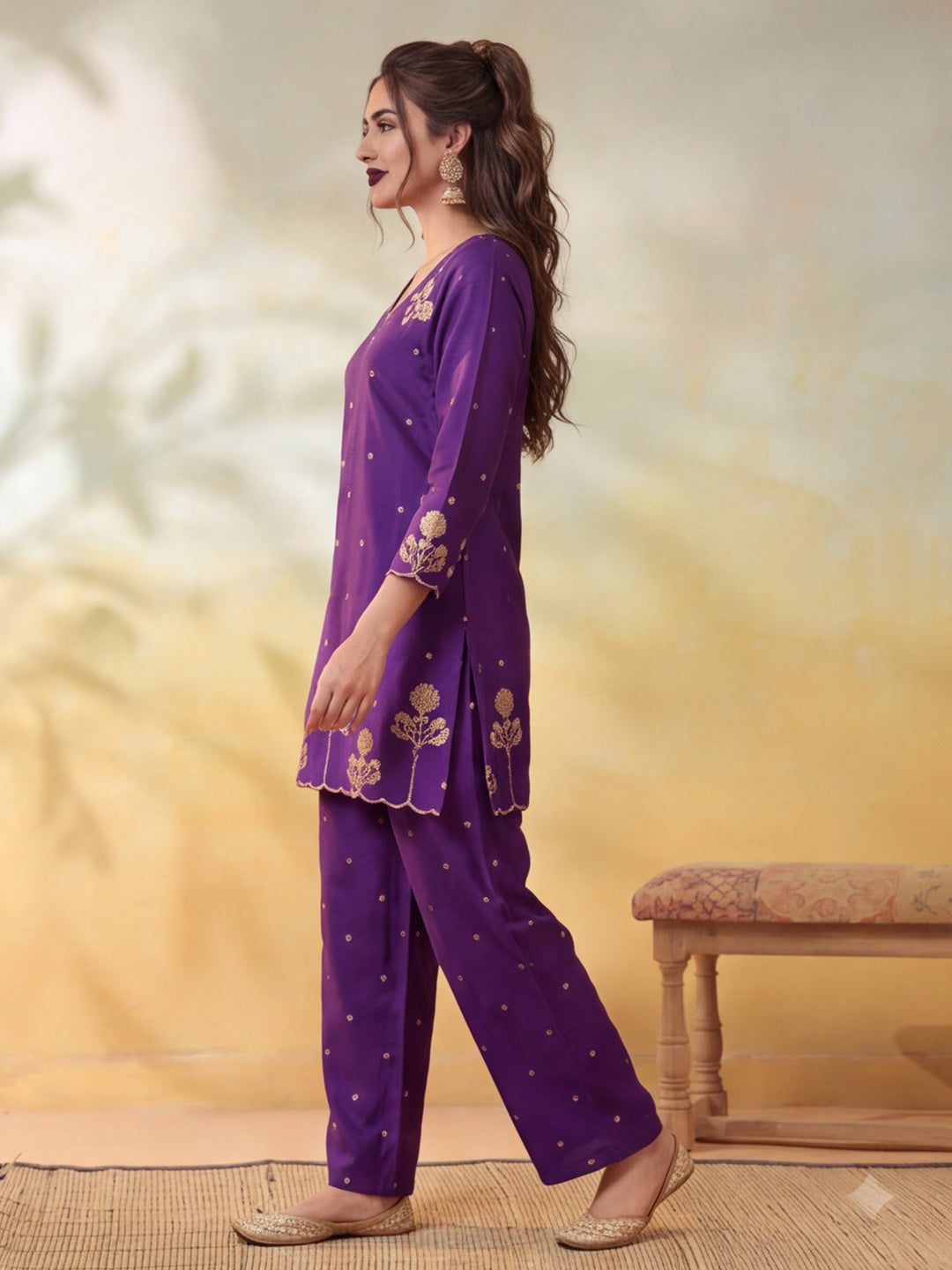 Women Embroidery Purple Kurta Set with Dupatta