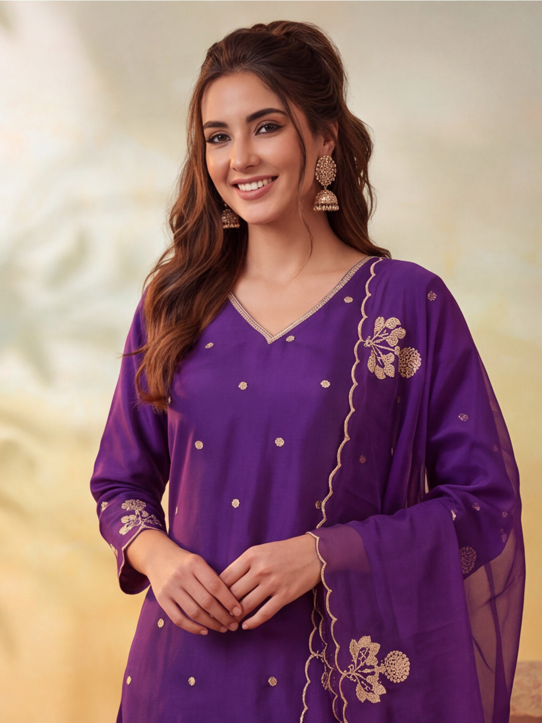 Women Embroidery Purple Kurta Set with Dupatta