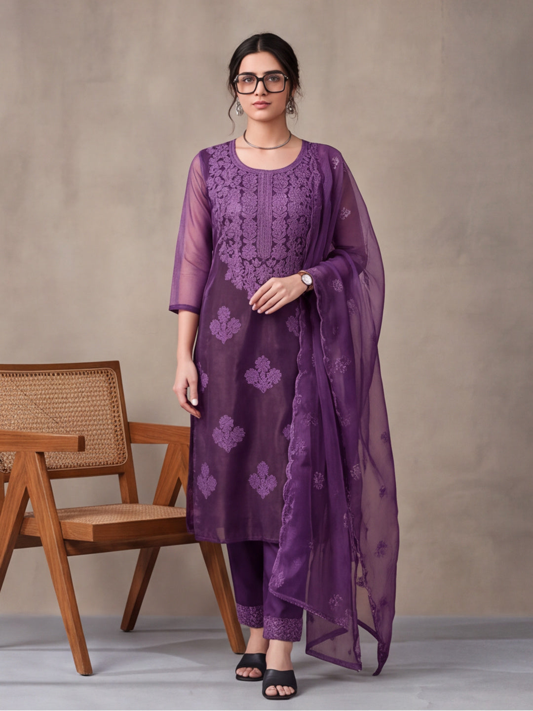 Women's Lavender Embroidered Organza Kurta Set with Dupatta | Straight Ethnic Festive Wear Suit