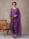 Women's Lavender Embroidered Organza Kurta Set with Dupatta | Straight Ethnic Festive Wear Suit