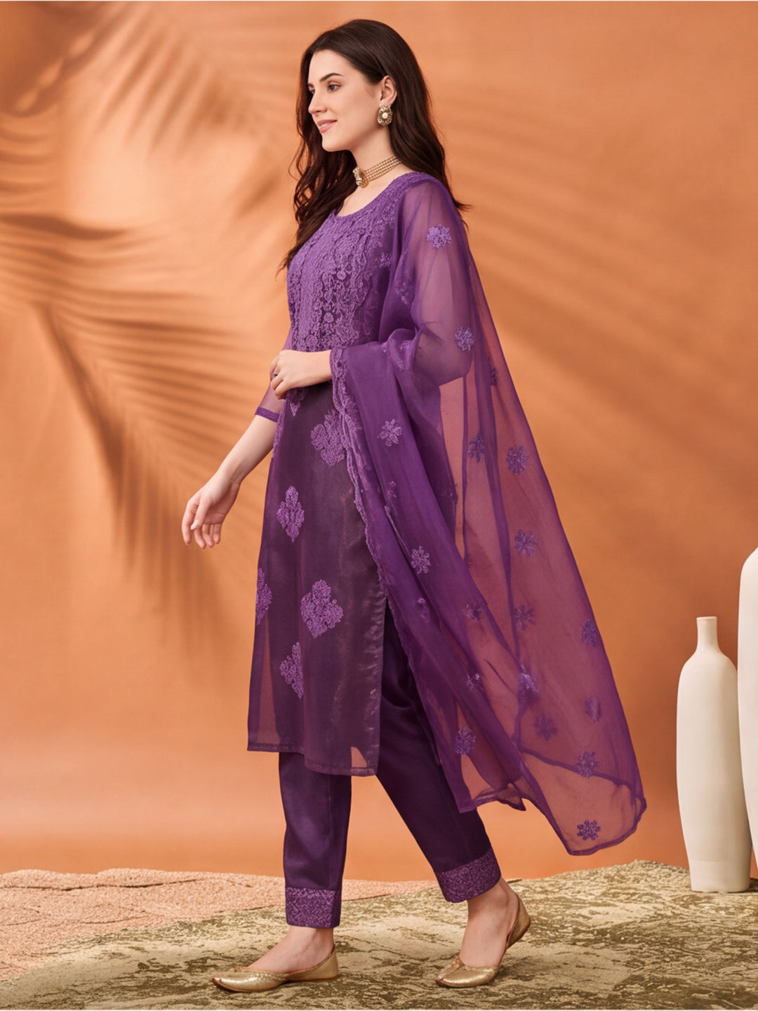 Women's Lavender Embroidered Organza Kurta Set with Dupatta | Straight Ethnic Festive Wear Suit