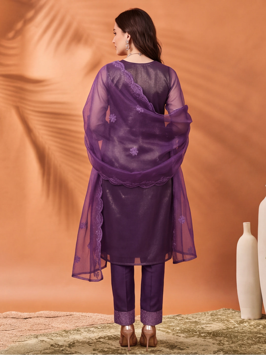 Women's Lavender Embroidered Organza Kurta Set with Dupatta | Straight Ethnic Festive Wear Suit