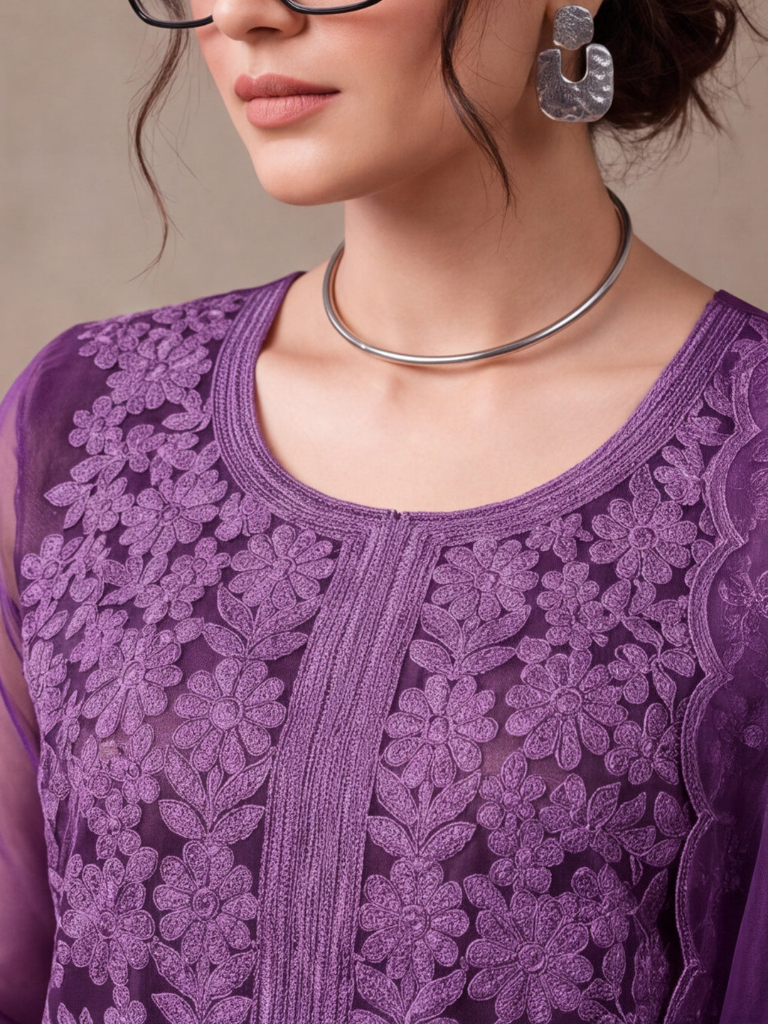 Women's Lavender Embroidered Organza Kurta Set with Dupatta | Straight Ethnic Festive Wear Suit