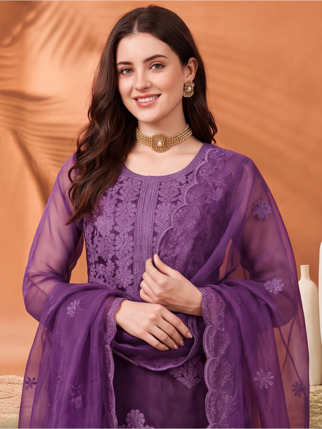 Women's Lavender Embroidered Organza Kurta Set with Dupatta | Straight Ethnic Festive Wear Suit