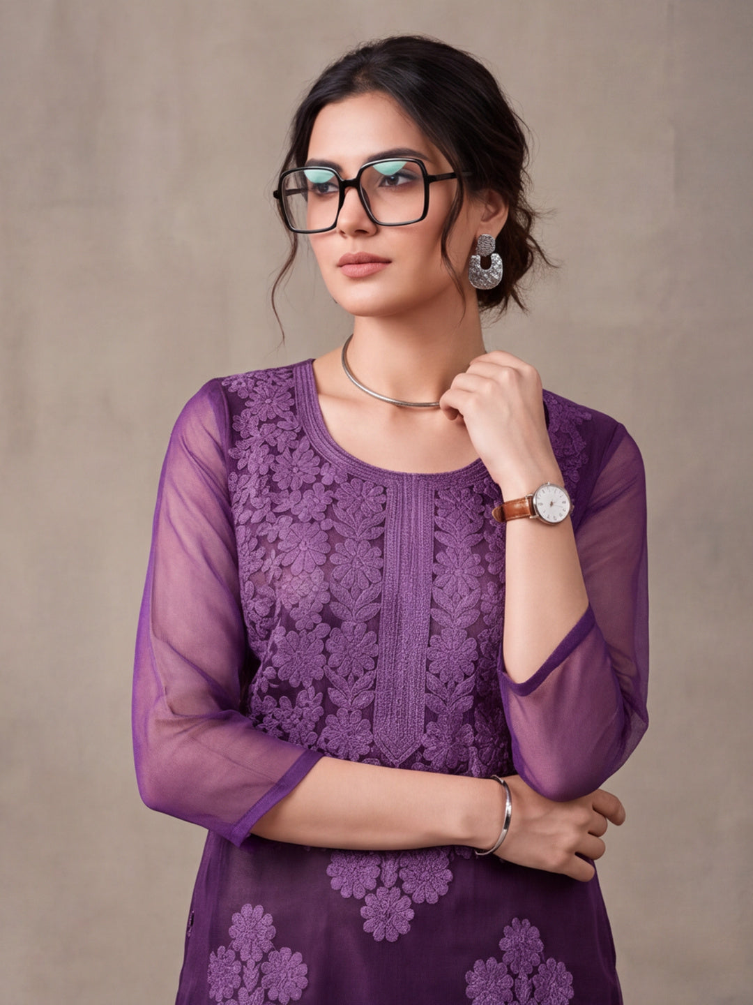 Women's Lavender Embroidered Organza Kurta Set with Dupatta | Straight Ethnic Festive Wear Suit