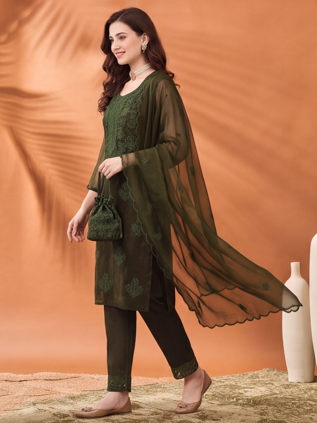 Women's Green Embroidered Organza Kurta Set with Dupatta | Straight Ethnic Festive Wear Suit