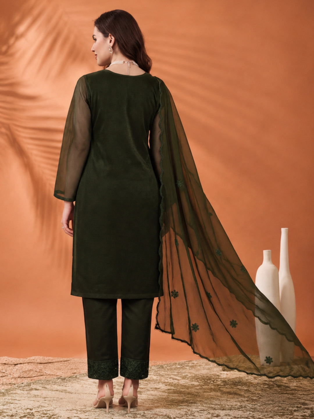Women's Green Embroidered Organza Kurta Set with Dupatta | Straight Ethnic Festive Wear Suit