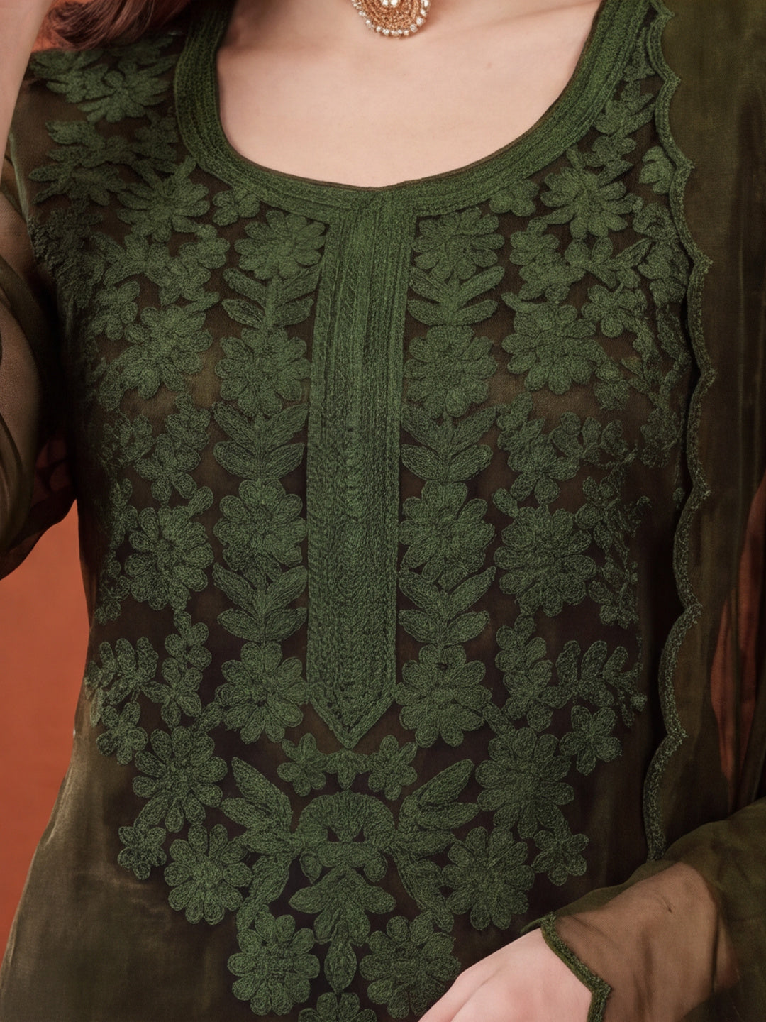 Women's Green Embroidered Organza Kurta Set with Dupatta | Straight Ethnic Festive Wear Suit