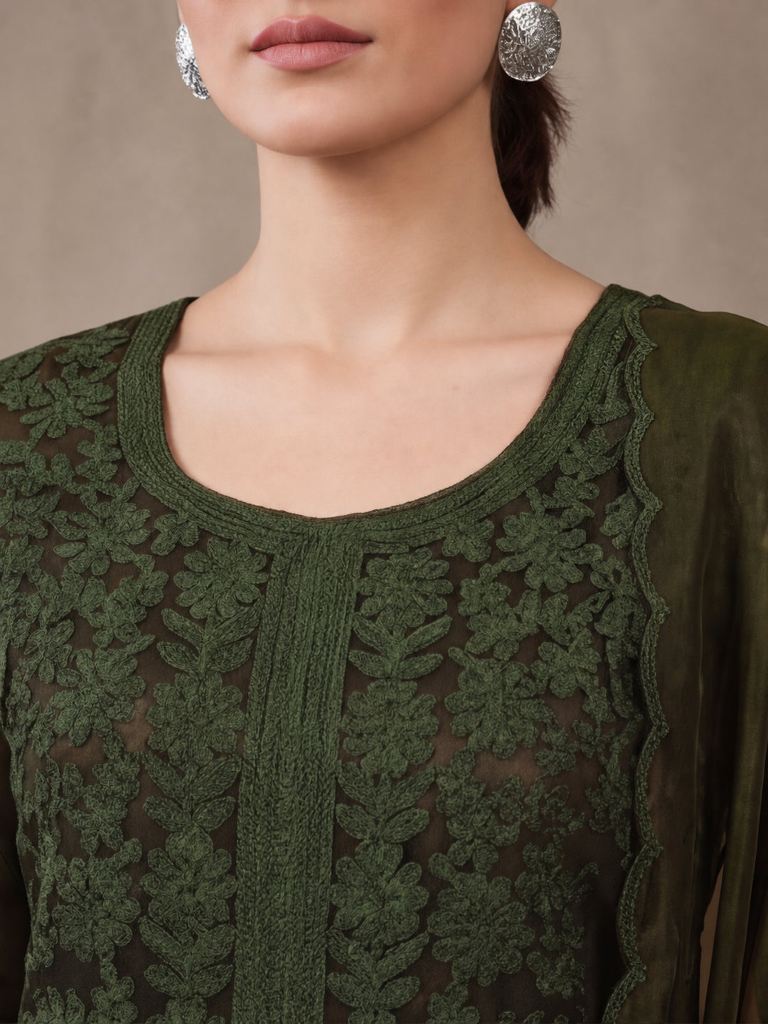 Women's Green Embroidered Organza Kurta Set with Dupatta | Straight Ethnic Festive Wear Suit