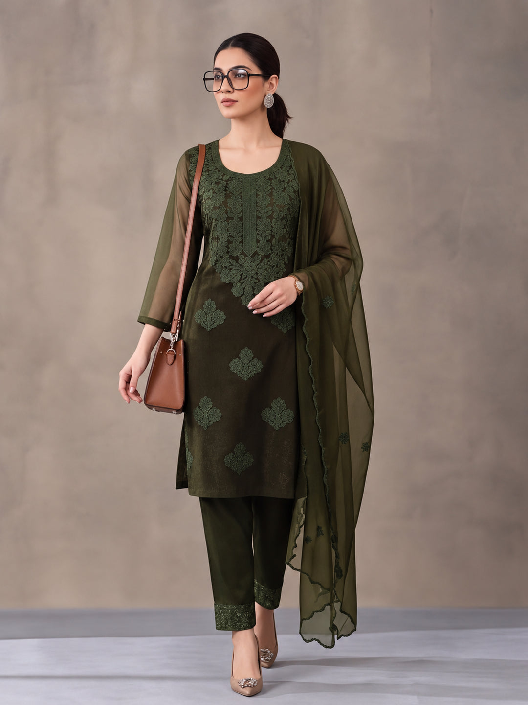 Women's Green Embroidered Organza Kurta Set with Dupatta | Straight Ethnic Festive Wear Suit