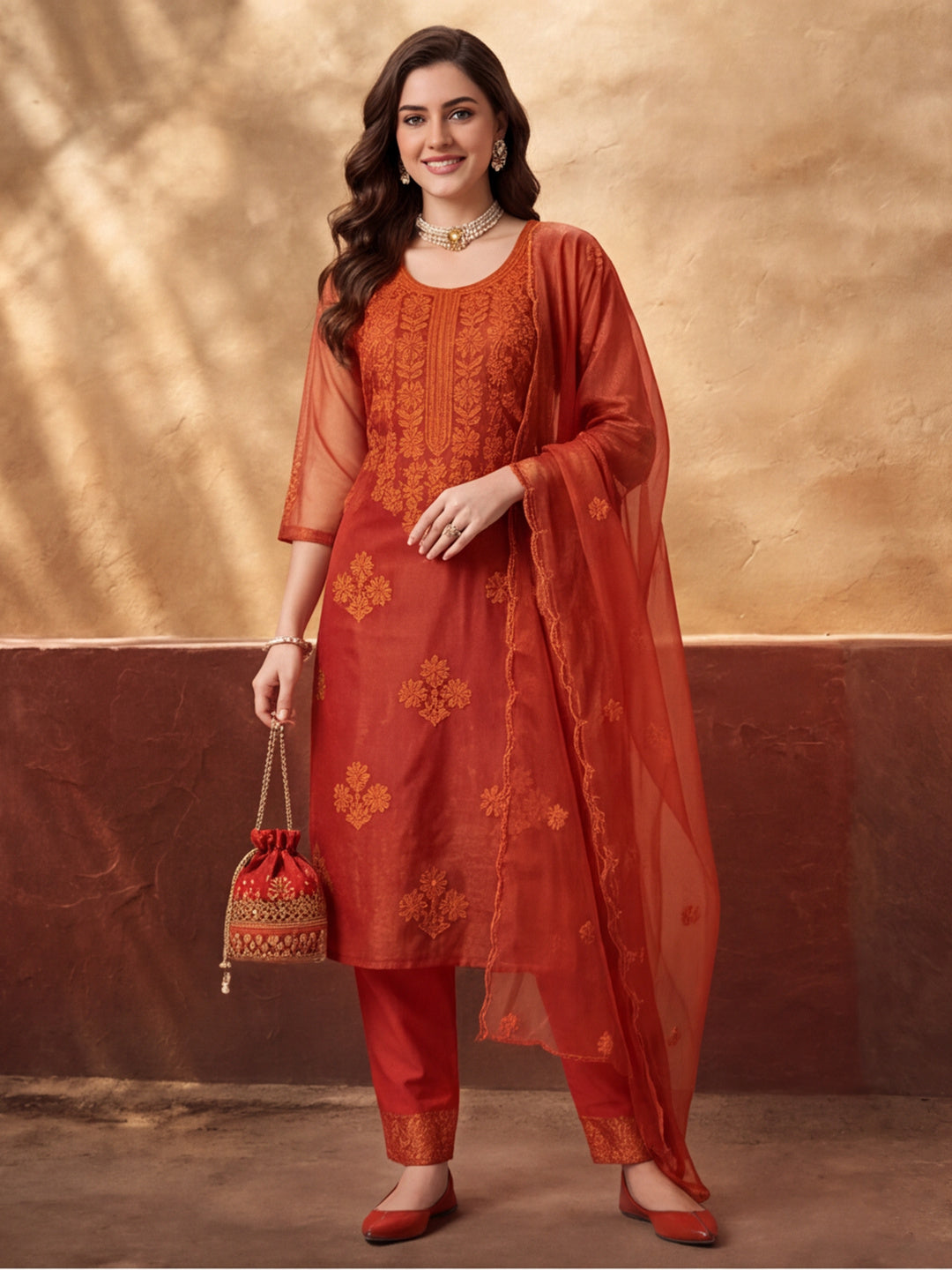 Women's Orange Embroidered Organza Kurta Set with Dupatta | Straight Ethnic Festive Wear Suit