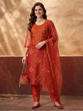 Women's Orange Embroidered Organza Kurta Set with Dupatta | Straight Ethnic Festive Wear Suit
