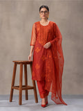 Women's Orange Embroidered Organza Kurta Set with Dupatta | Straight Ethnic Festive Wear Suit