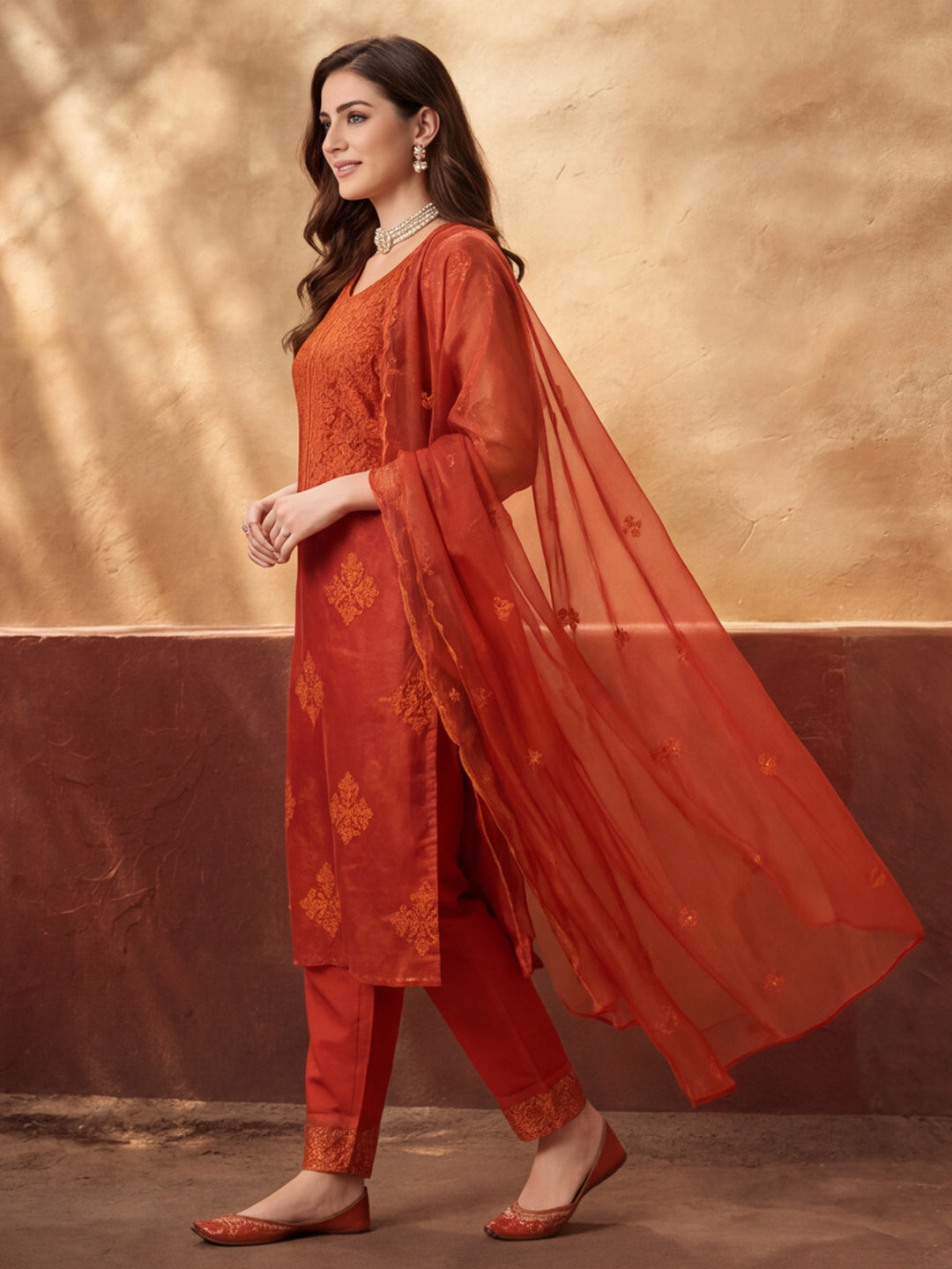 Women's Orange Embroidered Organza Kurta Set with Dupatta | Straight Ethnic Festive Wear Suit