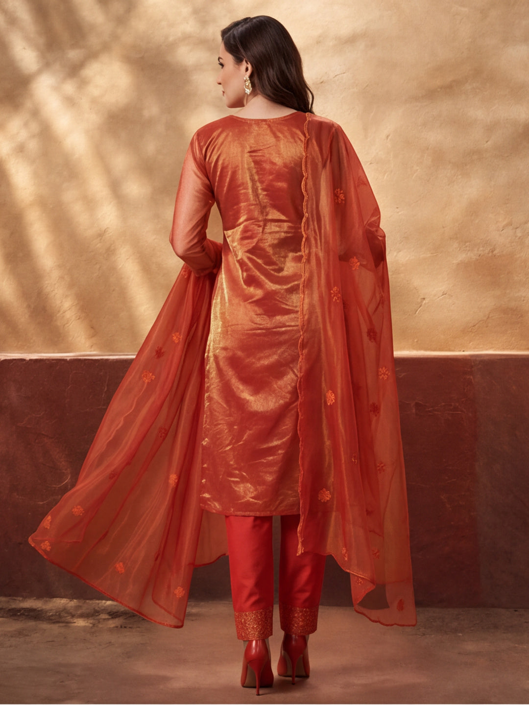 Women's Orange Embroidered Organza Kurta Set with Dupatta | Straight Ethnic Festive Wear Suit