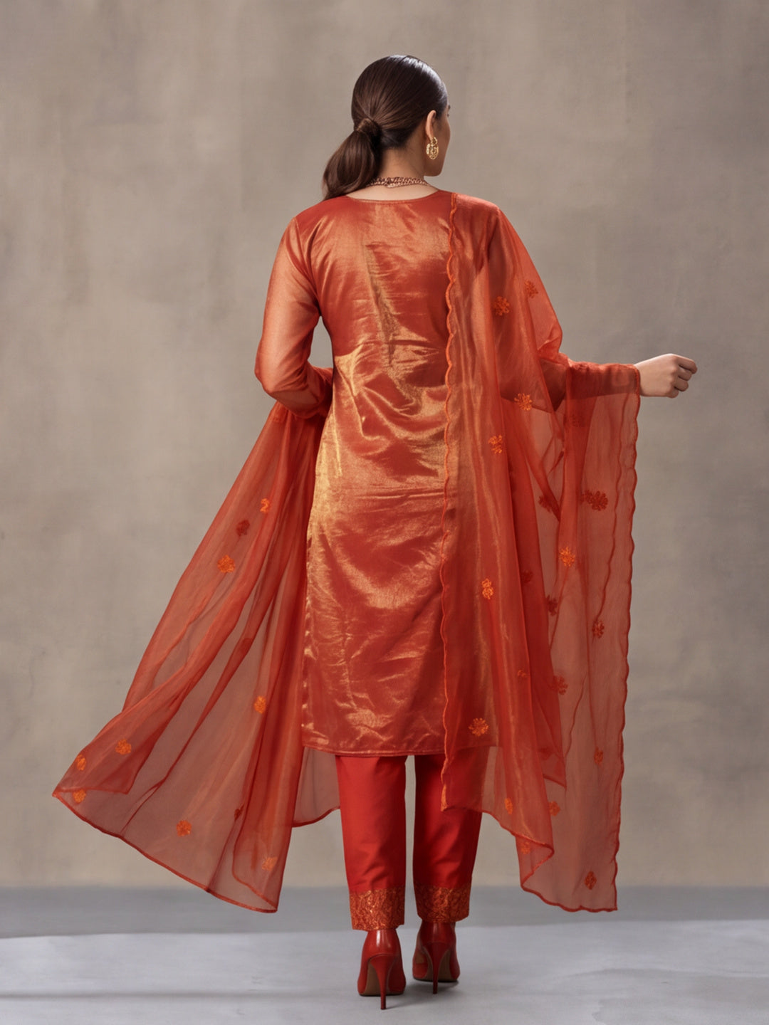 Women's Orange Embroidered Organza Kurta Set with Dupatta | Straight Ethnic Festive Wear Suit